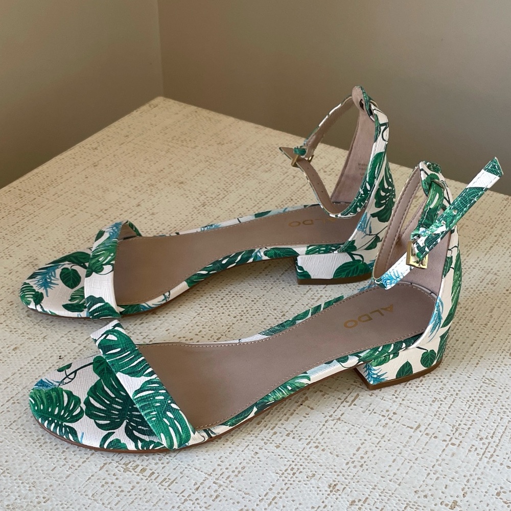 ALDO White Sandals with Green Leaf Print Ankle Strap Block Heel 7.5